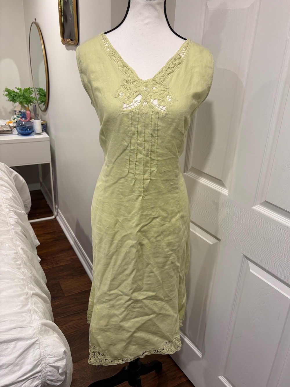 Olsen Europe 100% Linen Embroidered Midi Dress Pistachio Green